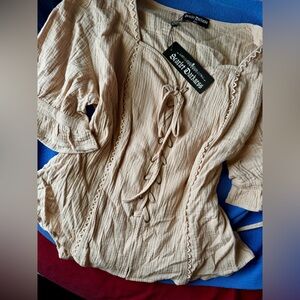 Tan Vintage Vibe Lace-Up Women's Top